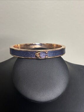COACH Women's C Logo Hinged Bangle Bracelet Rose Gold S/ Steel & Blue Leather